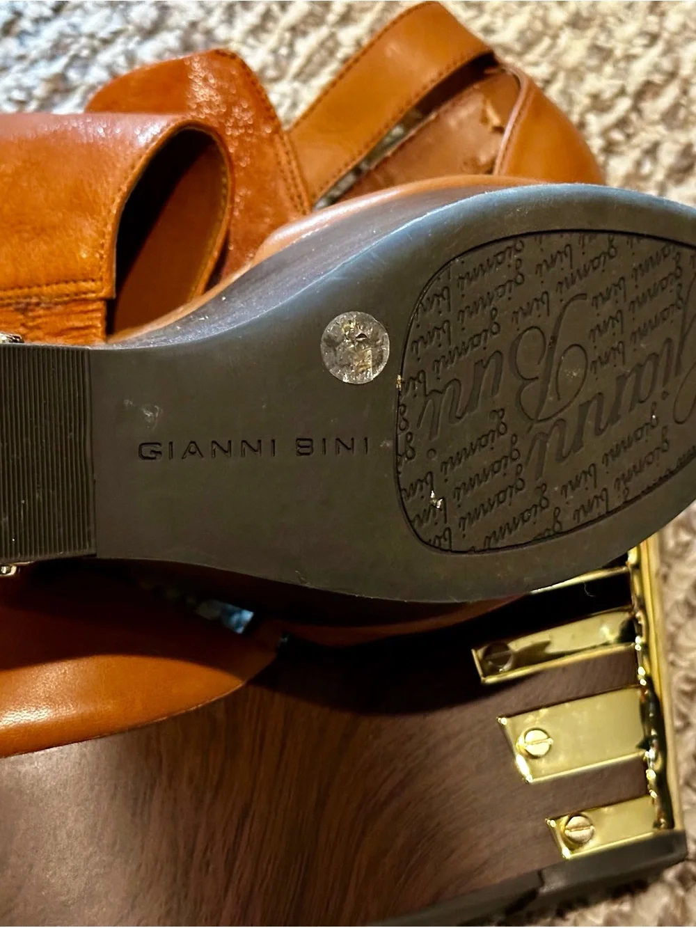 Gianni Bini Cognac Leather Platform Wedge Sandals with Gold Accent